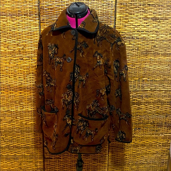 EUC Tsunami Vintage Fleece Dark brown Jacket Western Horse stallion design L - Picture 1 of 9